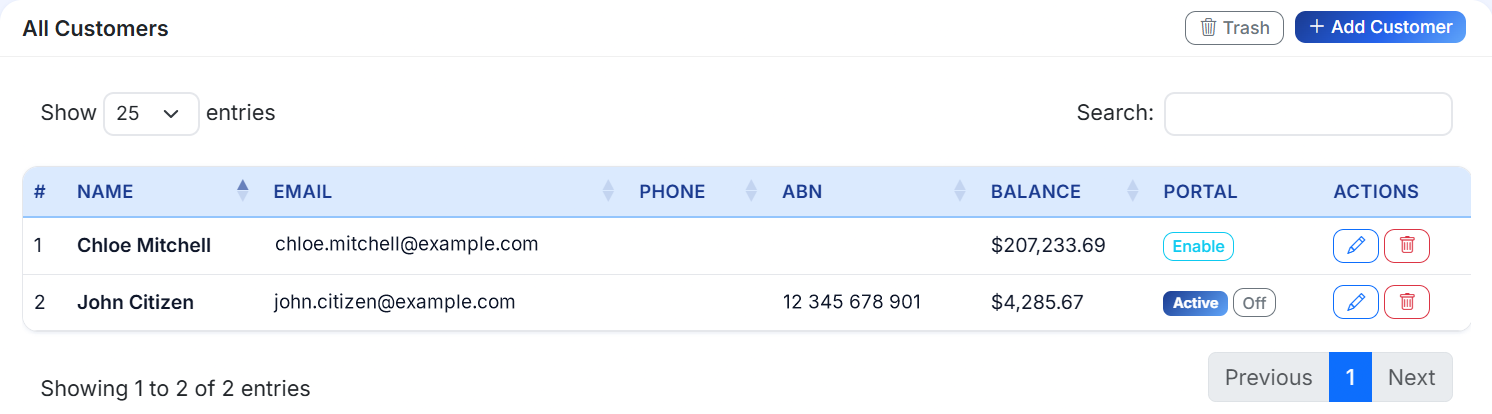 Per-customer portal access toggle in the BizFlare customer list