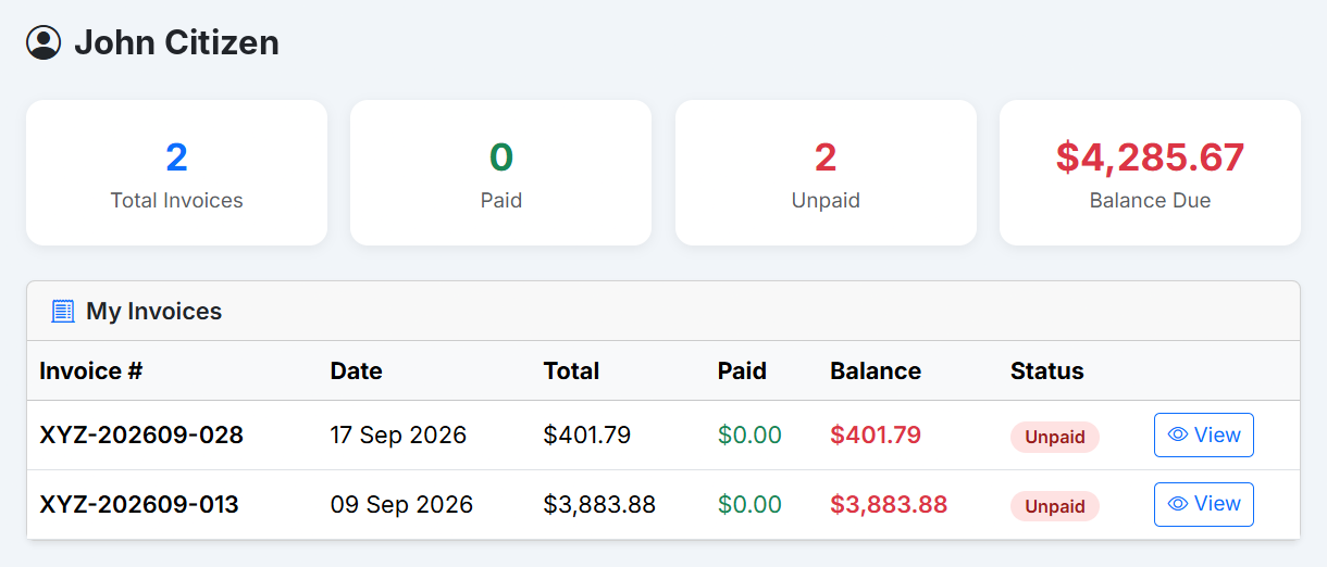 BizFlare customer payment portal showing a customer's invoices with amounts paid, balance due and unpaid status