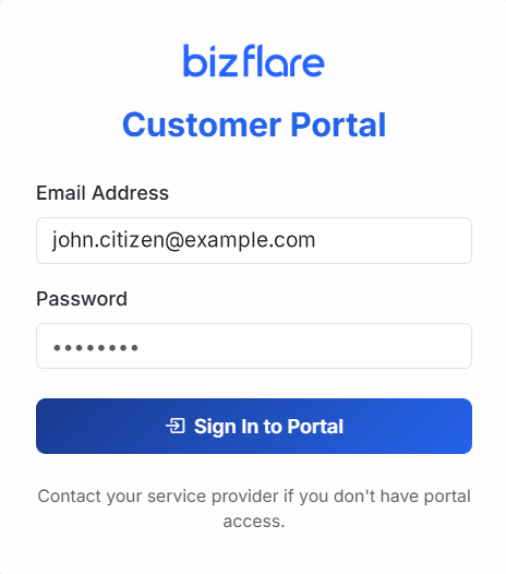 Branded customer payment portal login screen in BizFlare